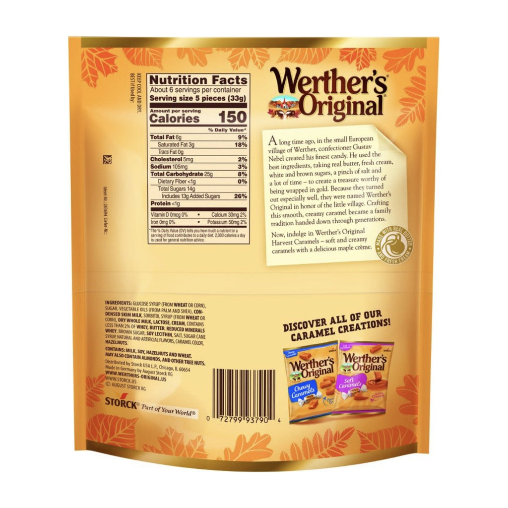 Werther's Maple Creme - back of bag with nutrition facts and ingredients